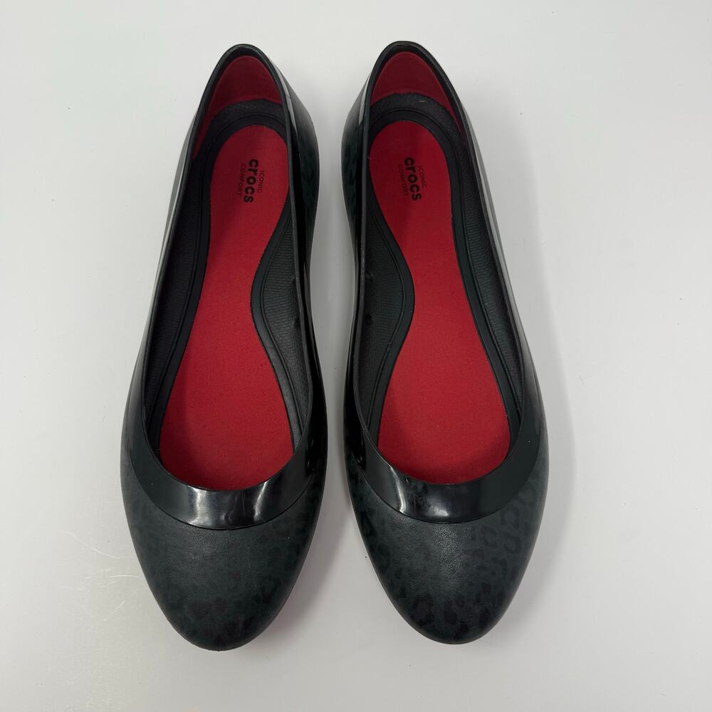 Crocs Flats Women's 11 Leopard Print Black Grey Lina Shiny Preppy Normcore EUC - Picture 5 of 9